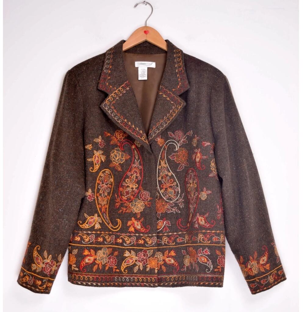 Coldwater Creek Embroidered Tweed Blazer Womens Medium Brown Paisley Wool Blend